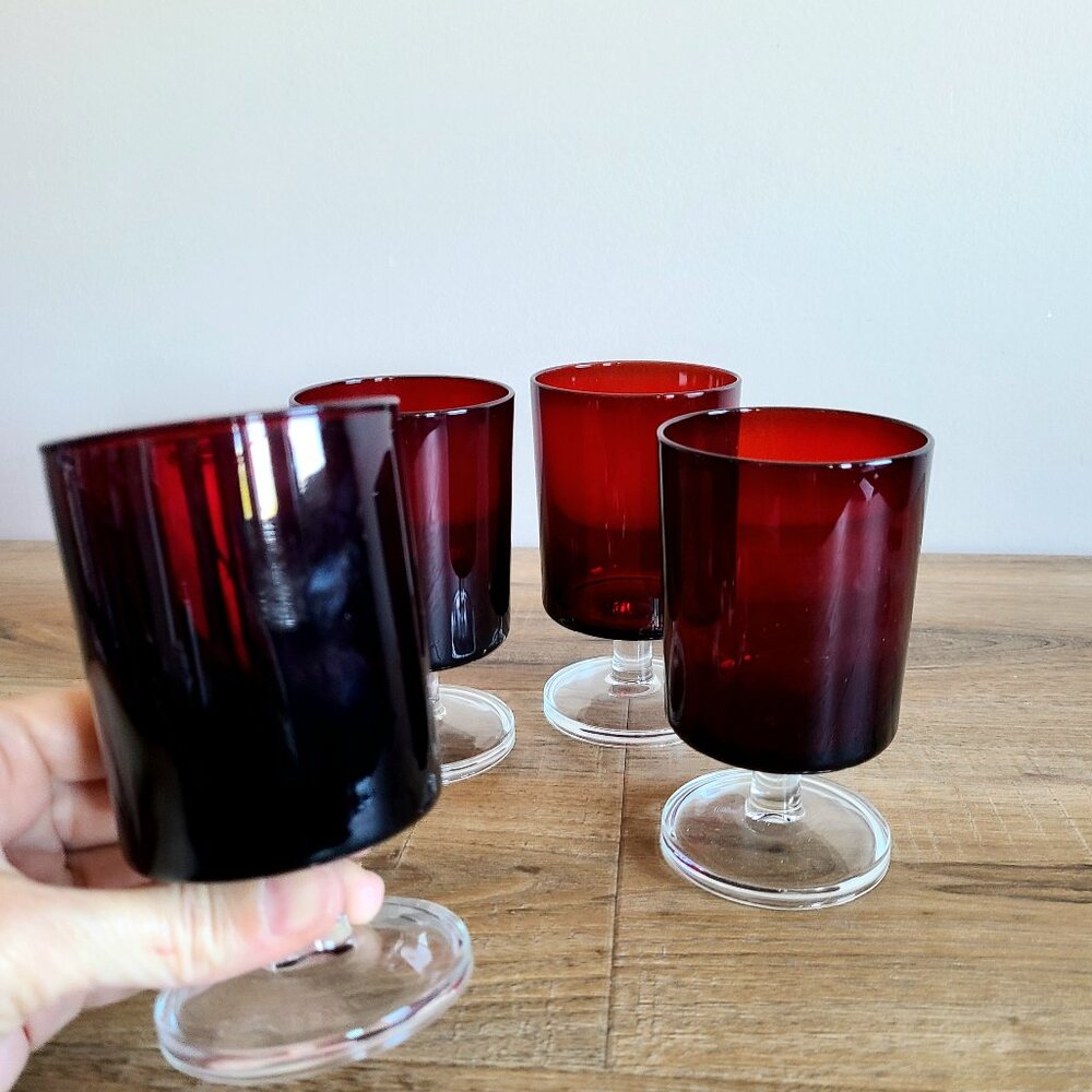 Set of 4 large ruby red glass goblets. France.